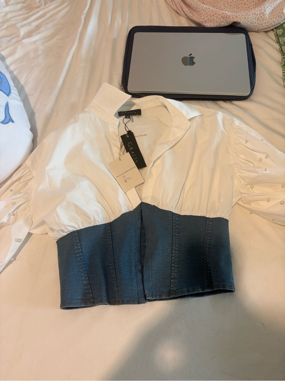 GRACIA White Blouse with Dark Blue Denim Corset Waist
